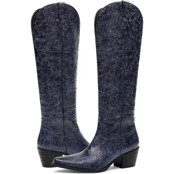 Women's Blue Knee High Western Pointed Toe Comfortable Chunky Heel Boots - Picture 5 of 6